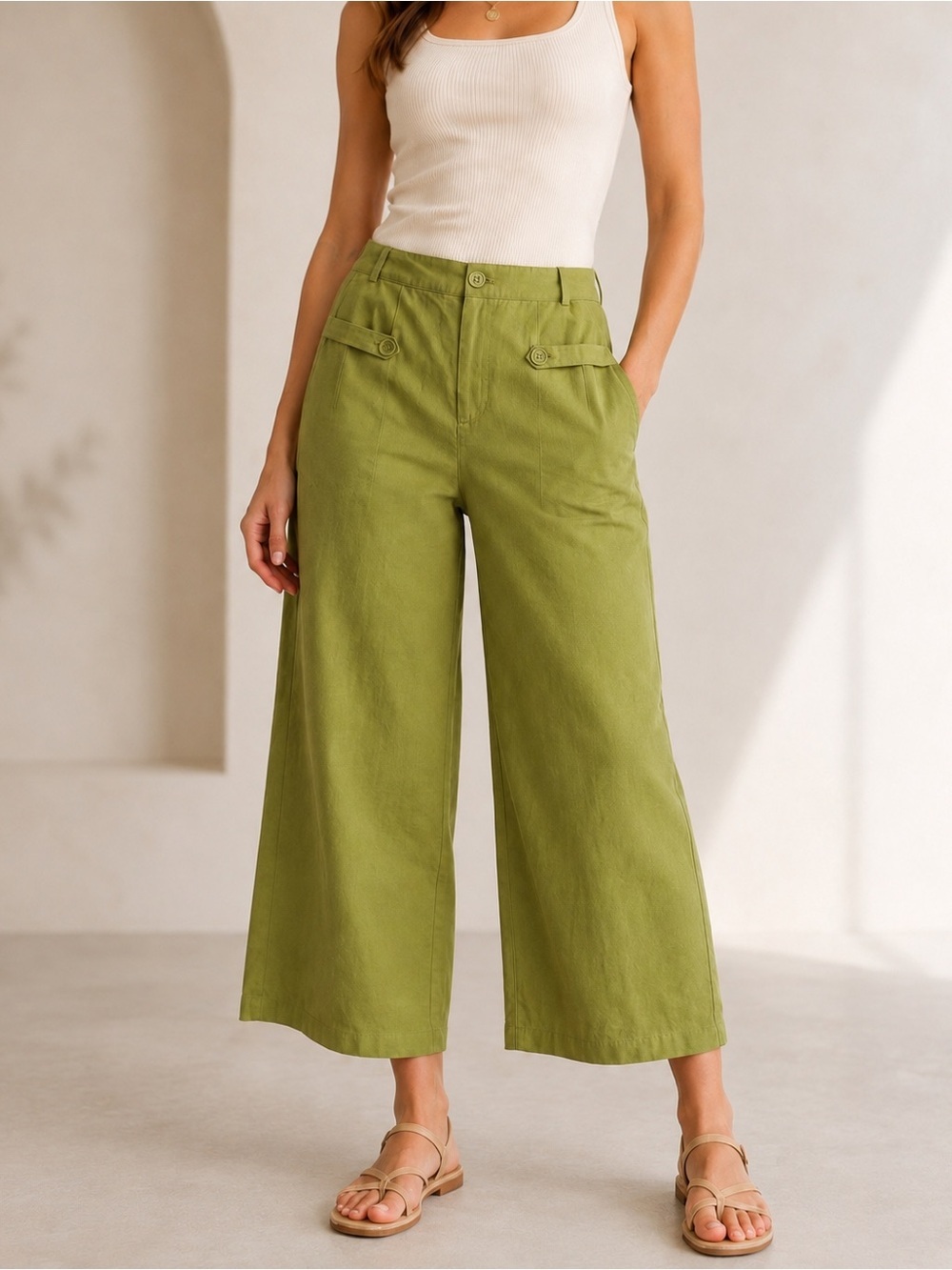 Leia n Co Olive Green Wide Leg Cropped Pants Elastic Back NWOT
